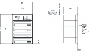 RENZ Briefkastenanlage Unterputz, Schattenfugenrahmen, Kastenformat 370x110x270mm, mit Klingel - & Lichttaster und Vorbereitung Gegensprechanlage, 4-teilig,